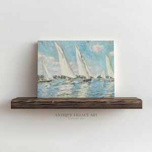Vintage Coastal Sailboat Print, Ocean Boat Painting Printable Wall Art, Summer Beach House Decor, Digital Download