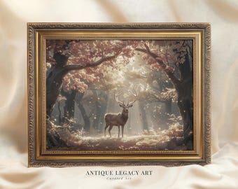 Impresión vintage de ciervo, bosque otoñal, arte rústico cottagecore (descarga digital)