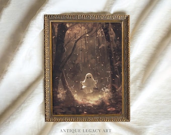 May include: Framed art print featuring a whimsical ghost on a swing in a forest setting. The artwork is set in a gold ornate frame. The text "ANTIQUE LEGACY ART" and "Curated Art" is printed at the bottom of the frame.