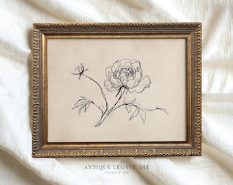 Vintage Peony Sketch Print, Beige Floral Line Art (Digital Download)