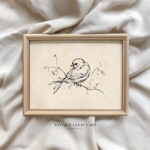 May include: A framed print featuring a black and white sketch of a bird perched on a branch. The artwork is set against a cream-colored background and framed in a light wood. The text "ANTIQUE LEGACY ART" and "curated Art" is at the bottom.