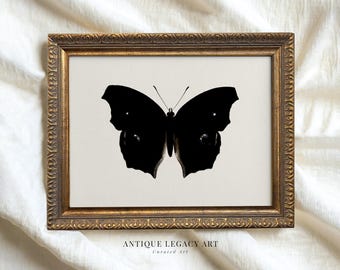 Może przedstawiać: Oprawiony wydruk z czarną sylwetką motyla na kremowym tle. Wydruk jest w złotej, ozdobnej ramie. Tekst "ANTIQUE LEGACY ART" i "Curated Art" znajduje się na dole wydruku.