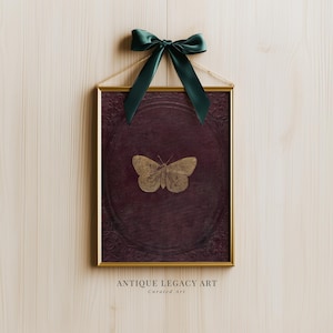 Antique Burgundy Gold Butterfly Print | Vintage Victorian Moth Wall Art Printable | Dark Academia Insect Decor, CottageCore Digital Download