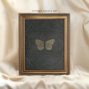 May include: A framed artwork featuring a gold-colored butterfly on a dark blue background. The butterfly is centered within a circular design, framed by a gold-colored ornate frame. The text "ANTIQUE LEGACY ART" and "Curated Art" are visible.