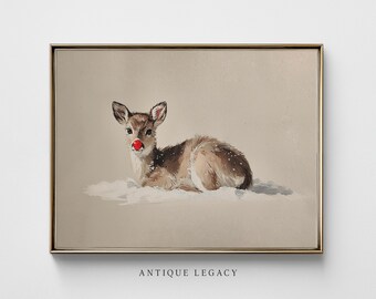 Red Nose Fawn Christmas Wall Art Print:  Winter Baby Reindeer Nursery Decor [Digital Download]