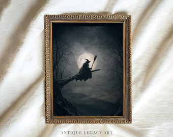 Impresión de bruja y escoba bajo la luna llena, pintura de bosque encantado de Halloween, arte de pared imprimible, decoración vintage gótica oscura de la academia digital