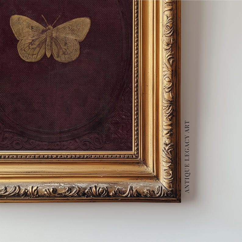 Antique Burgundy Gold Butterfly Print | Vintage Victorian Moth Wall Art Printable | Dark Academia Insect Decor, CottageCore Digital Download