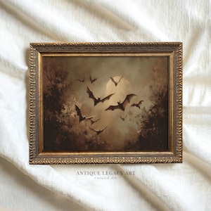 Vintage Halloween Flying Bats Fall Forest Print, Gothic Full Moon Painting Printable Wall Art, Spooky Dark Academia Decor, Digital Download