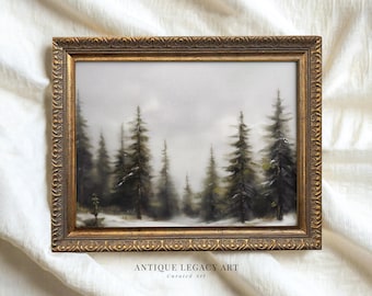 Puede incluir: Pintura de paisaje enmarcada que representa un bosque de altos árboles de hoja perenne bajo un cielo nublado. La pintura está en un marco dorado ornamentado. El texto "ANTIQUE LEGACY ART" y "Curated Art" está impreso en la parte inferior.