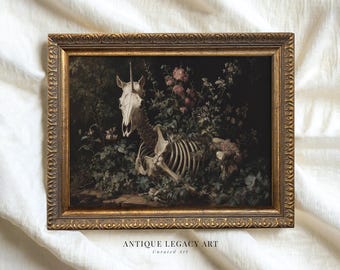 Vintage Gothic Unicorn Skeleton Print, Floral Dark Academia Decor (Digital Download)