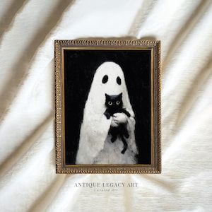 Minimal Funny Ghost & Black Cat Print, Spooky Cute Halloween Printable Wall Art, Moody Dark Academia Decor, Gothic Painting Digital Download