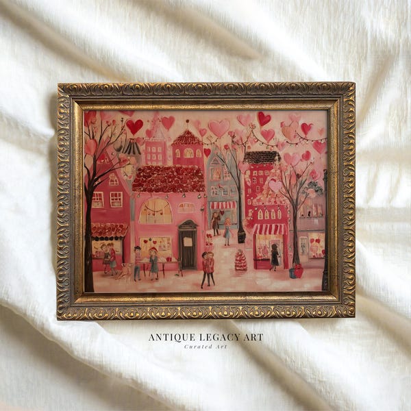 Valentine Town Street Illustration Print, Romantic City Scene Wall Art [Digital Download]