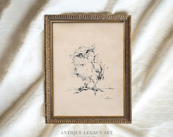 May include: A framed pen and ink drawing of an owl. The artwork is in a gold-colored ornate frame. The owl is drawn in black ink on a beige background. The text "ANTIQUE LEGACY ART Curated Art" is at the bottom of the frame.