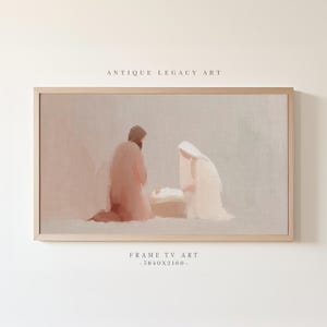 Puede incluir: Una obra de arte enmarcada que representa una escena religiosa en tonos apagados. La obra presenta a un hombre arrodillado, una mujer con un velo blanco y un bebé en un pesebre. El texto "ANTIQUE LEGACY ART" y "FRAME TV ART -3840X2160-" son visibles.