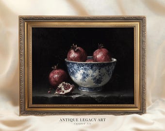 Vintage Pomegranate Still Life Painting, Rustic Autumn Kitchen Decor (Digital Download)