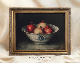 Vintage Pomegranate Still Life Painting Print, Rustic Kitchen Decor (Digital Download)