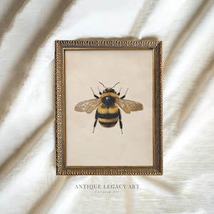 May include: A framed vintage print featuring a bumblebee. The bee has black and yellow stripes and outstretched wings, set against a cream backdrop. The ornate gold frame has detailed carvings. The text "ANTIQUE LEGACY ART" is at the bottom.