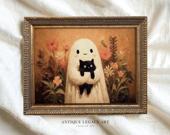 May include: A framed vintage-style print featuring a friendly ghost figure holding a black cat, surrounded by flowers in shades of orange and cream. The artwork has a warm, inviting color palette and is set against a soft, textured background. The frame is ornate with a gold finish.