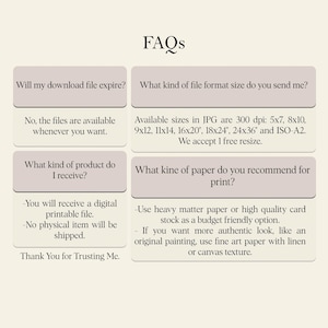 Op de afbeelding: Een beige afbeelding met de titel "FAQs" en vier vraag- en antwoordsecties. De vragen gaan over bestandsverloop, bestandsformaat, producttype en papieraanbevelingen. De antwoorden zijn in een eenvoudig, gemakkelijk te lezen lettertype.