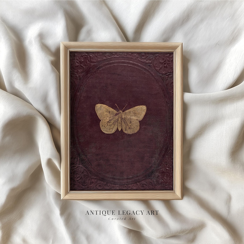 Antique Burgundy Gold Butterfly Print | Vintage Victorian Moth Wall Art Printable | Dark Academia Insect Decor, CottageCore Digital Download