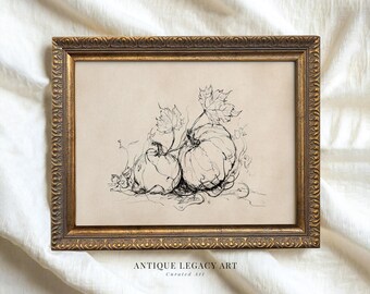 Impresión de boceto de calabaza vintage con tinta, decoración rústica de otoño (descarga digital)