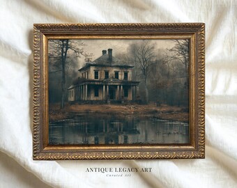 Vintage Haunted House Painting Print, Spooky Gothic Mansion Art (Digital Download)