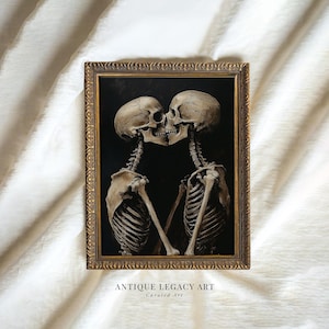 Vintage Skeleton Couple Kissing Painting Print, Spooky Halloween Printable Wall Art, Creepy Dark Academia Decor, Gothic Digital Download
