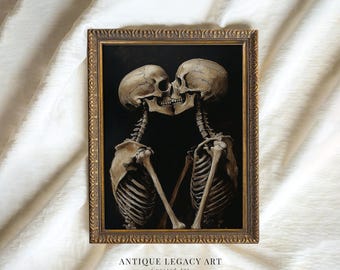 Vintage Skelett paar küssen Malerei Druck, gruselige druckbare Halloween Wandkunst, gruselige dunkle Academia Dekor, Gothic digitaler Download
