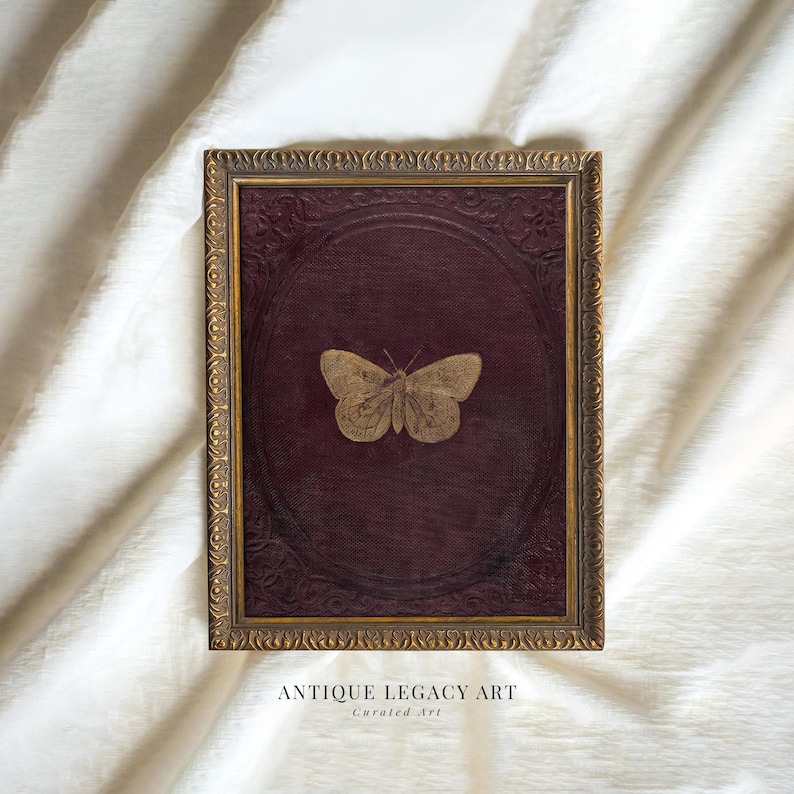 Antique Burgundy Gold Butterfly Print | Vintage Victorian Moth Wall Art Printable | Dark Academia Insect Decor, CottageCore Digital Download