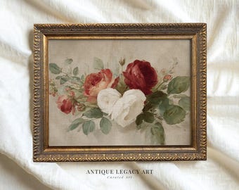 May include: An antique-style framed floral print featuring a bouquet of roses in shades of red, white, and pink, with green foliage. The rectangular frame has an ornate gold finish. The text "ANTIQUE LEGACY ART" and "Curated Art" is visible.