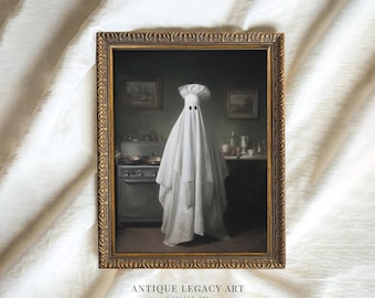 May include: A framed vintage-style print depicts a ghost wearing a chef's hat and apron in a kitchen setting. The artwork is in a gold ornate frame. The print has a vintage aesthetic with a dark green background and the text "ANTIQUE LEGACY ART" at the bottom.