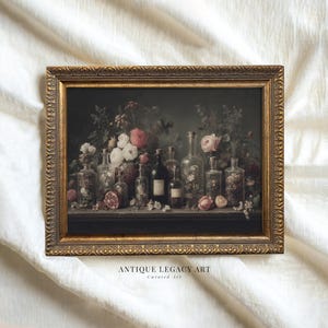 Vintage Dark Floral Apothecary Painting Print, Flowers Still Life Printable Wall Art, Dark Academia Kitchen Botanical Decor Digital Download