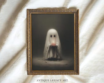May include: A framed print featuring a ghostly figure holding a lit pink candle. The ghost is draped in a white sheet, set against a dark background. The frame is ornate with a gold finish. The text "ANTIQUE LEGACY ART Curated Art" is at the bottom.
