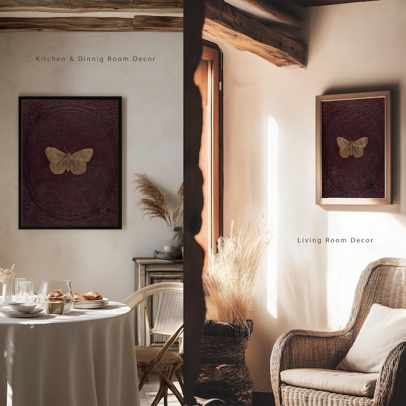 Antique Burgundy Gold Butterfly Print | Vintage Victorian Moth Wall Art Printable | Dark Academia Insect Decor, CottageCore Digital Download