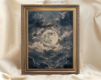 May include: Framed artwork featuring a full moon in a cloudy night sky. The painting has a vintage aesthetic, with a gold-colored ornate frame. The text "Antique Legacy Art" and "Curated Art" are visible.