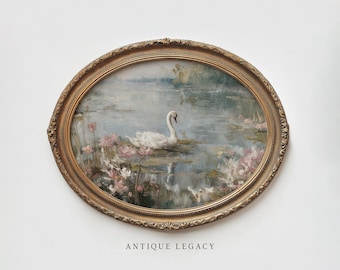 Vintage Swan Pond Painting Print | Romantic Floral Painting Wall Art [Digital Download]