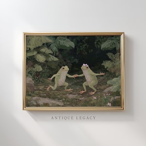 May include: A framed artwork featuring two green frogs holding hands in a forest setting. One frog wears a pink bow. The artwork has a gold frame and the text "ANTIQUE LEGACY" is at the bottom.