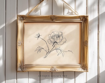 Vintage Peony Sketch Print, Beige Floral Line Art (Digital Download)
