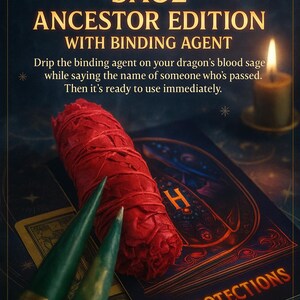 Könnte beinhalten: Ein rotes Dragon's Blood Sage-Bündel mit grünen Salbeistöcken und einer Tarotkarte mit der Aufschrift "PROTECTIONS". Der Text lautet "DRAGON'S BLOOD SAGE ANCESTOR EDITION WITH BINDING AGENT". Im Hintergrund eine brennende Kerze.