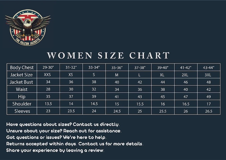 May include: A navy blue graphic with a size chart for women's jackets. The chart includes measurements for body chest, jacket size, bust, waist, hip, shoulder, and sleeves, ranging from XXS to 3XL. The Falcon Jackets logo is at the top.