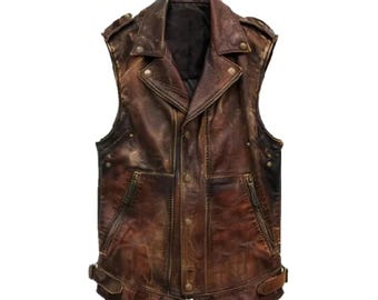 Vintage Biker Style Brown Distressed Leather Vest
