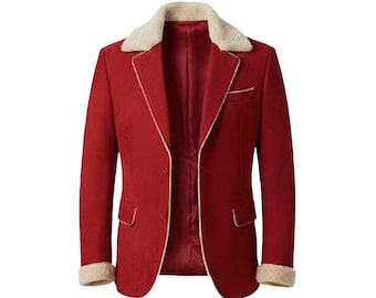 Handmade 2025 Christmas The Santa Claus Shearling Faux Fur Collar Genuine Suede Leather Blazer