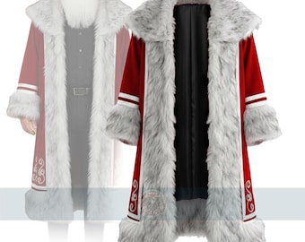 May include: A red Santa Claus coat with white faux fur trim on the collar, cuffs, and hem. The coat has white stripes on the sleeves and decorative scrollwork. The text "SANTA COAT 06" is at the top.