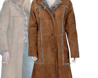 Yellowstone Beth Dutton Shearling Coat Genuine Sheepskin Leather Brown Kelly Reily Suede Trench Coat