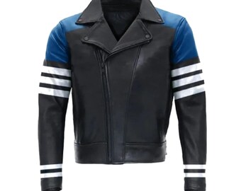 Handgemaakt gestreept winterblauw echt lamsleren herenjack