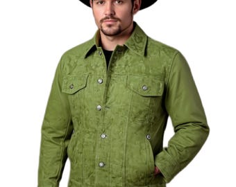 Handmade Green Genuine Suede Leather Cowboy Trucker Jacket