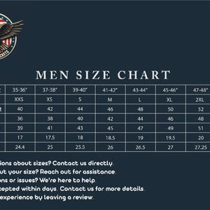 May include: A navy blue size chart for men's jackets, with measurements in inches. The chart includes body chest, jacket size, jacket chest, waist, hip, shoulder, and sleeve measurements, ranging from XXS to 3XL.