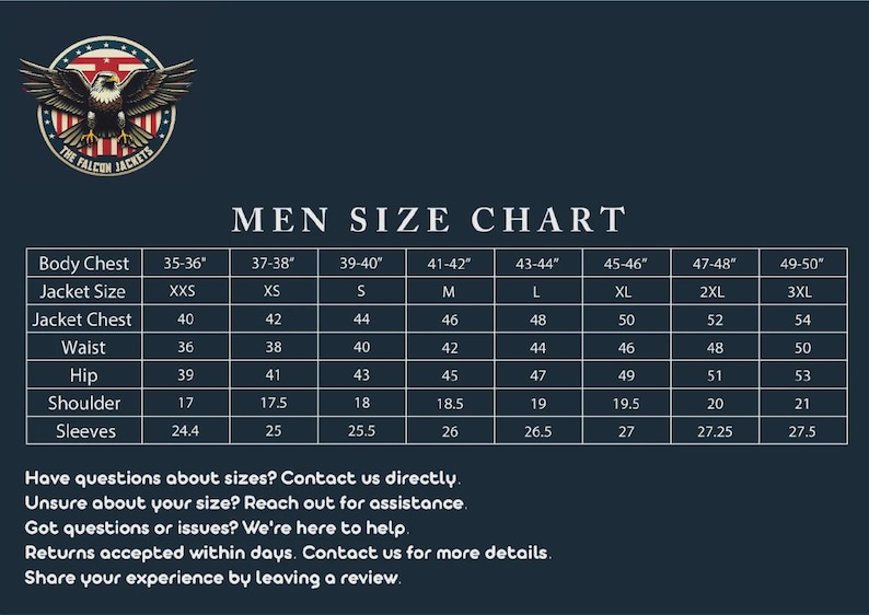 May include: A navy blue size chart for men's jackets, with measurements in inches. The chart includes body chest, jacket size, jacket chest, waist, hip, shoulder, and sleeve measurements, ranging from XXS to 3XL.