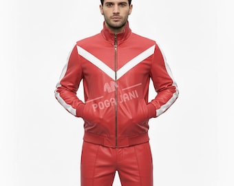 Handgefertigte Red & White Rindsleder Trainingsanzug | Biker Style Outfit