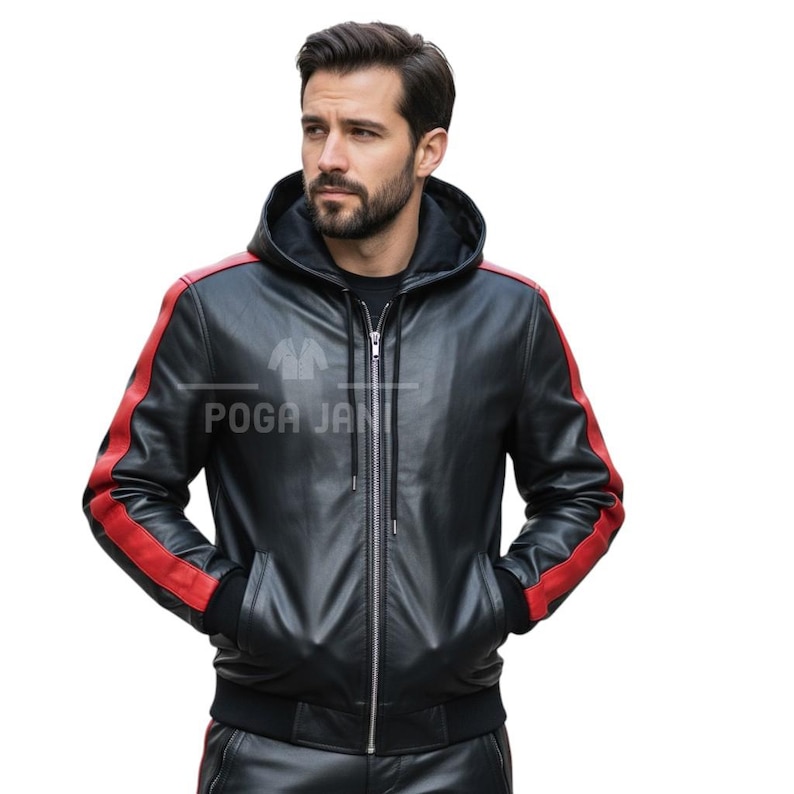 May include: Black leather hooded jacket with red racing stripes on the sleeves. The jacket has a zipper closure and a ribbed hem and cuffs. The text "POGA JANI" is printed on the front of the jacket.